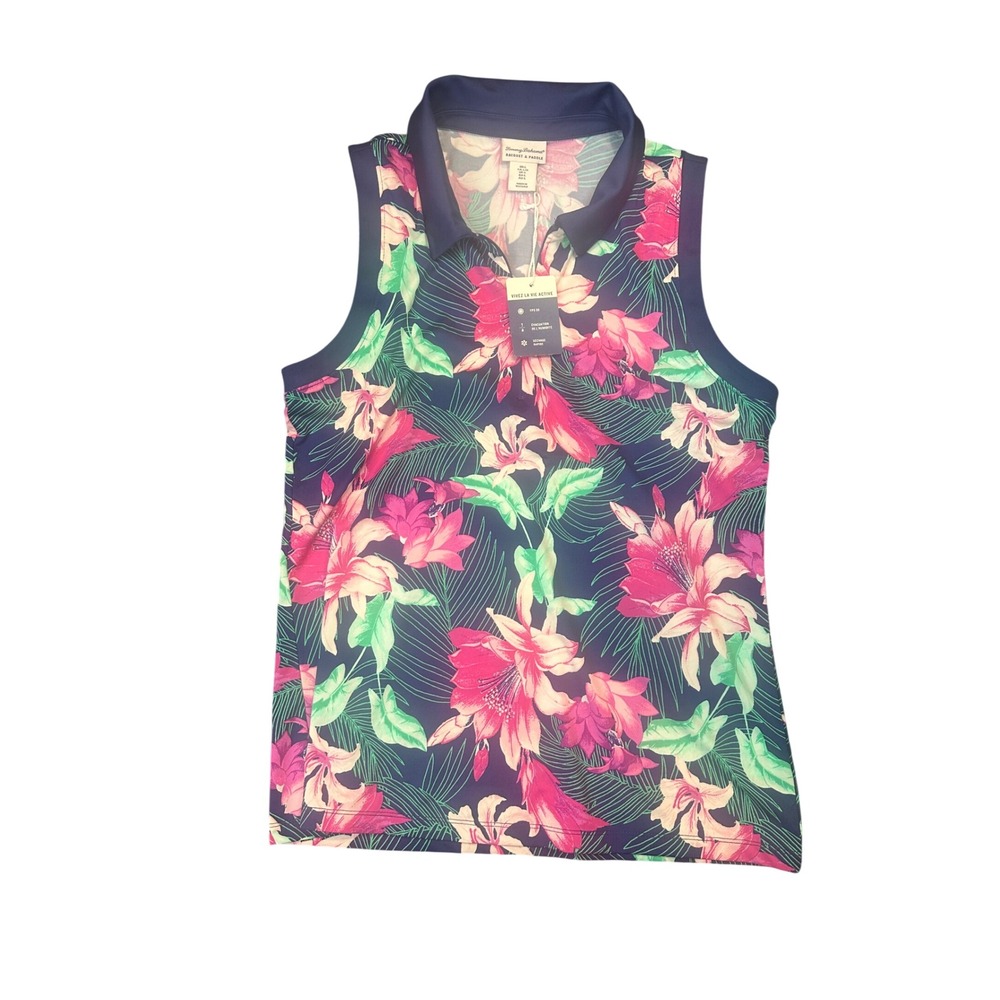 Tommy Bahama Racquet & Paddle Women L Floral Sleeveless Polo UPF 50 Pink Navy